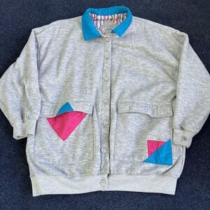 Vintage 80s Current Seen Jacket Womens One Size Gray Fleece Bomber Geometric